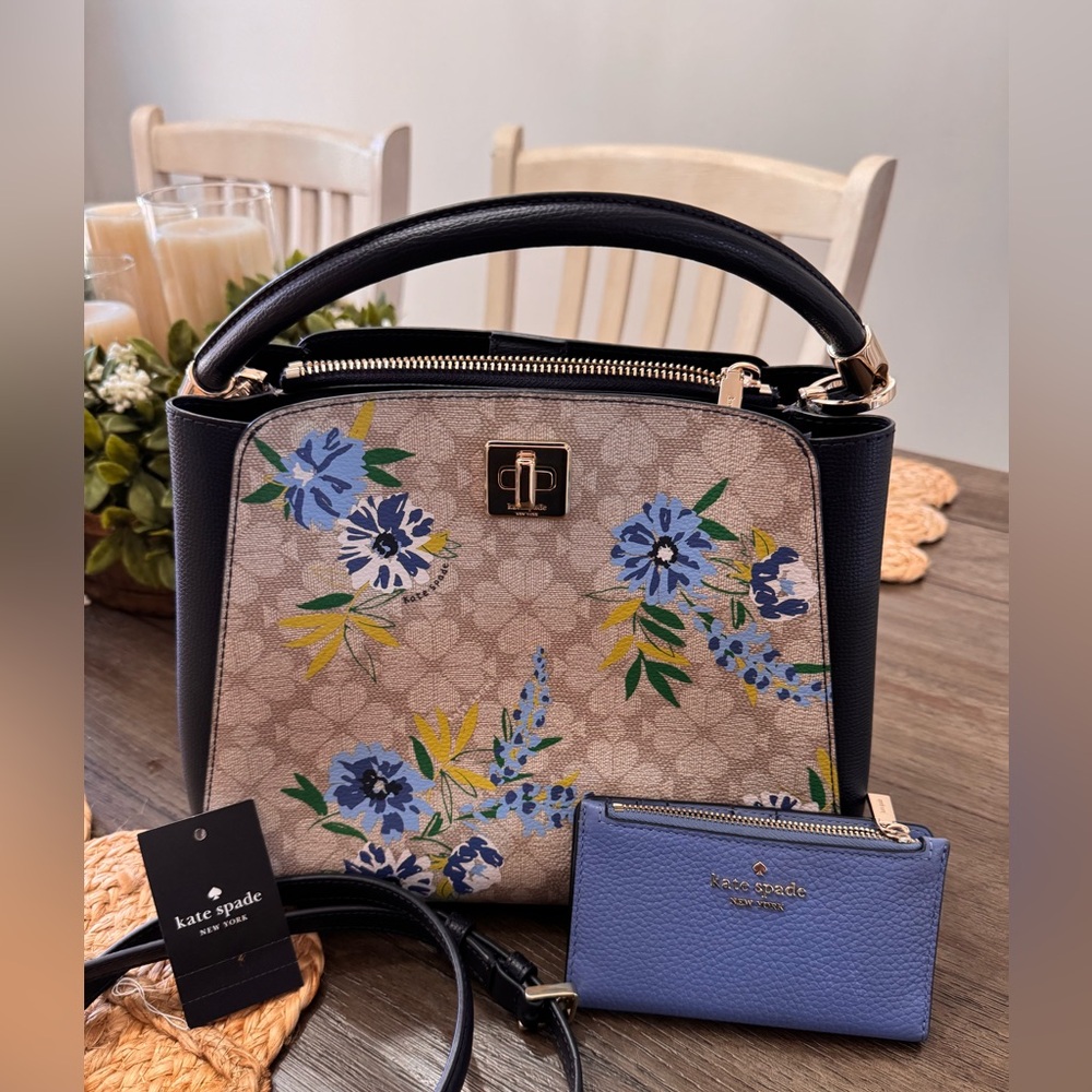 Kate Spade Beige Navy Handbag with Blue and Green; KS Wallet included; NWT